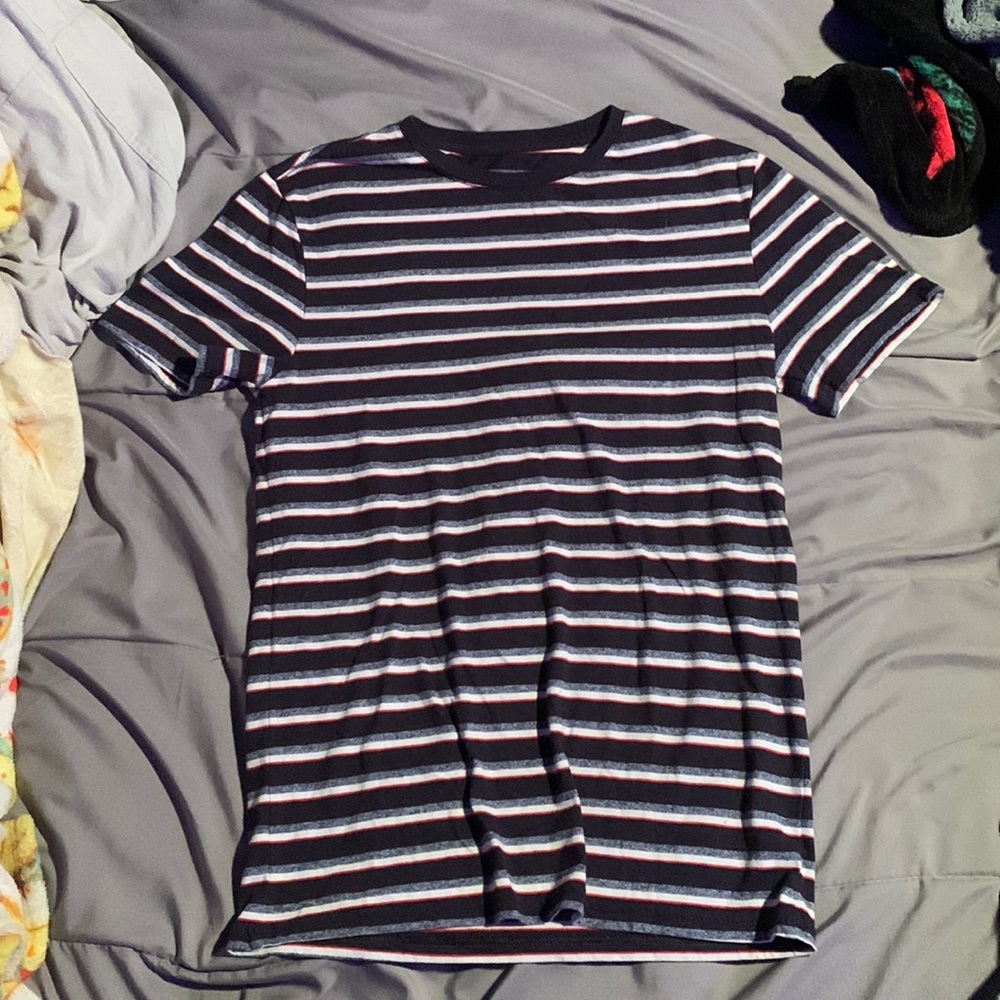 size small striped shirt (light gray, red, white, & navy blue)